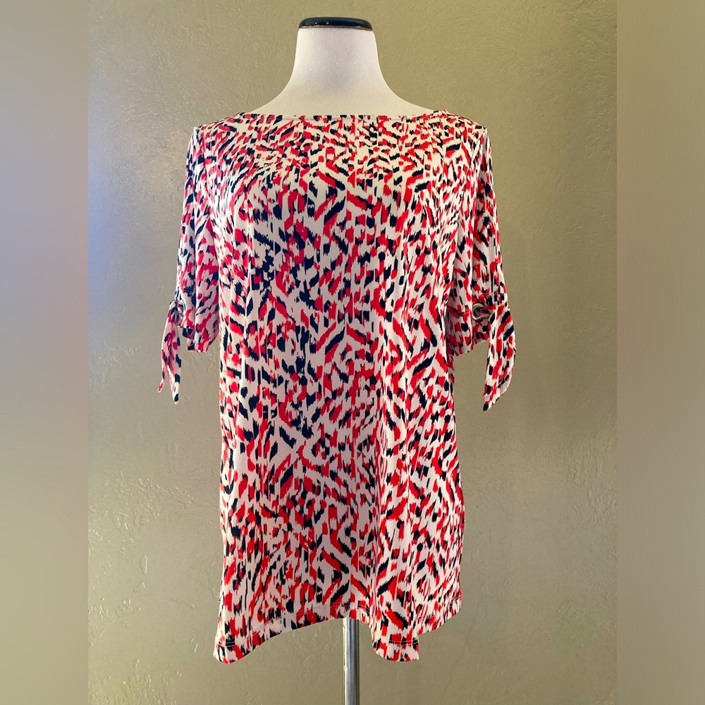 Coral Black and White Printed Blouse with Open Shoulders Size Large Susan Graver